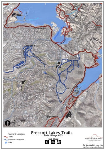 Map of Prescott Lakes Trails near the City of Prescott in Arizona. Published by the City of Prescott.