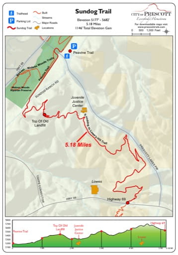 Map of Sundog Trail near the City of Prescott in Arizona. Published by the City of Prescott.