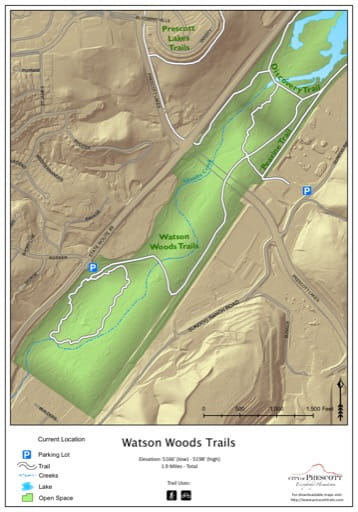 Map of Watson Woods Trails near the City of Prescott in Arizona. Published by the City of Prescott.