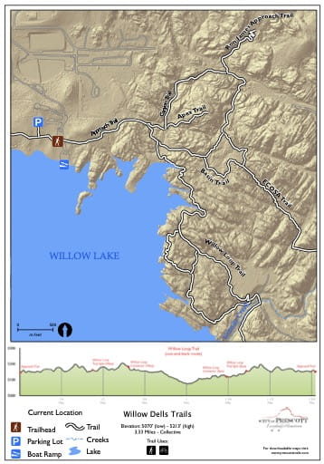 Map of Willow Dells Trails at Willow Lake near the City of Prescott in Arizona. Published by the City of Prescott.