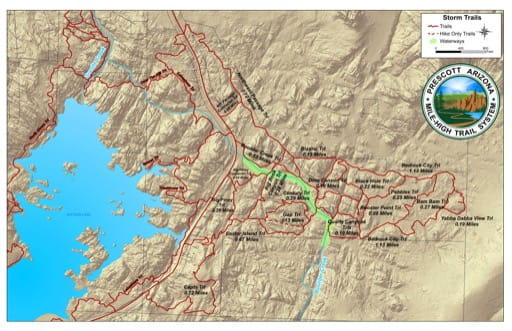Map of Storm Trails at Watson Lake near the City of Prescott in Arizona. Published by the City of Prescott.