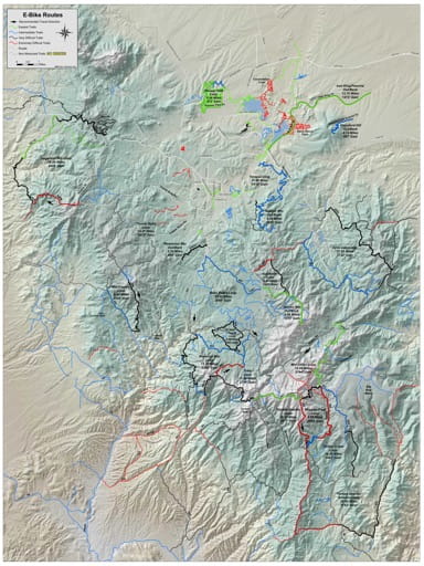 Map of suggested E-Bike Routes in and around The City of Prescott in Arizona. Published by the City of Prescott and the U.S. Forest Service (USFS).
