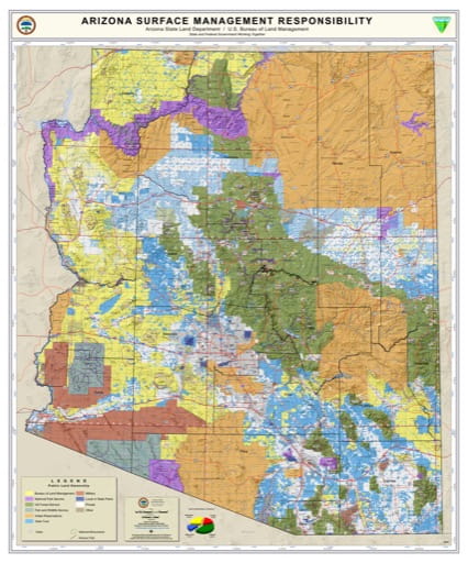 Statewide Map of Arizona Surface Management Responsibility. Published by Arizona State Land Department and U.S. Bureau of Land Management (BLM).