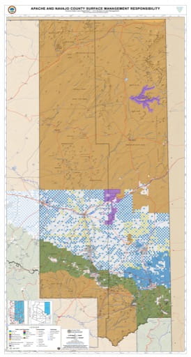 Apache and Navaja County Map of Arizona Surface Management Responsibility. Published by Arizona State Land Department and U.S. Bureau of Land Management (BLM).