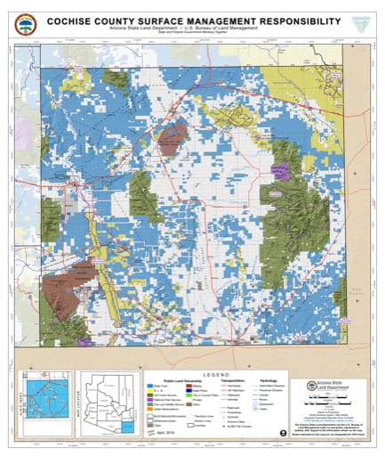 Cochise County Map of Arizona Surface Management Responsibility. Published by Arizona State Land Department and U.S. Bureau of Land Management (BLM).