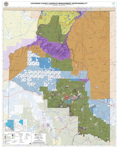 Coconino County Map of Arizona Surface Management Responsibility. Published by Arizona State Land Department and U.S. Bureau of Land Management (BLM).