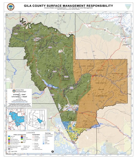 Gila County Map of Arizona Surface Management Responsibility. Published by Arizona State Land Department and U.S. Bureau of Land Management (BLM).