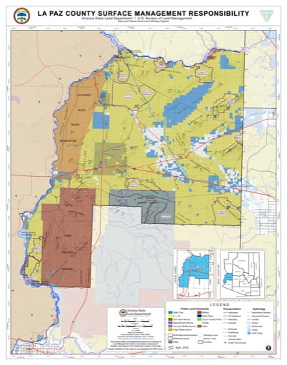La Paz County Map of Arizona Surface Management Responsibility. Published by Arizona State Land Department and U.S. Bureau of Land Management (BLM).