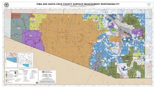 Pima and Santa Cruz County Map of Arizona Surface Management Responsibility. Published by Arizona State Land Department and U.S. Bureau of Land Management (BLM).