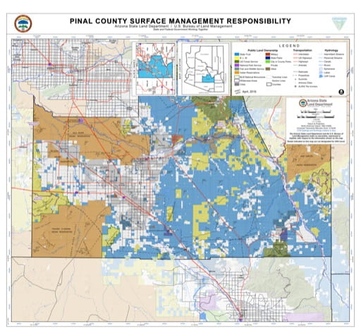 Pinal County Map of Arizona Surface Management Responsibility. Published by Arizona State Land Department and U.S. Bureau of Land Management (BLM).