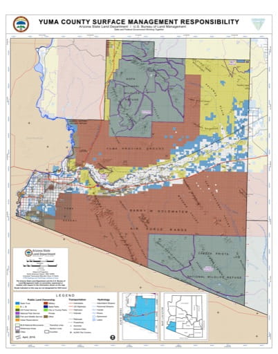 Yuma County Map of Arizona Surface Management Responsibility. Published by Arizona State Land Department and U.S. Bureau of Land Management (BLM).