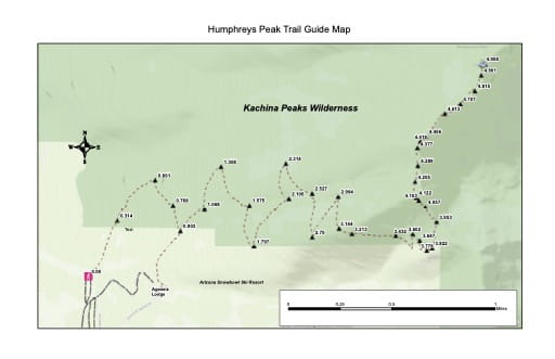 Trail Map to Humphreys Peak in Coconino National Forest (NF) in Arizona. Published by the U.S. Forest Service (USFS).