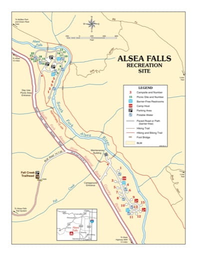 Recreation Map of Alsea Falls Recreation Site (RS) in Oregon. Published by the Bureau of Land Management (BLM).