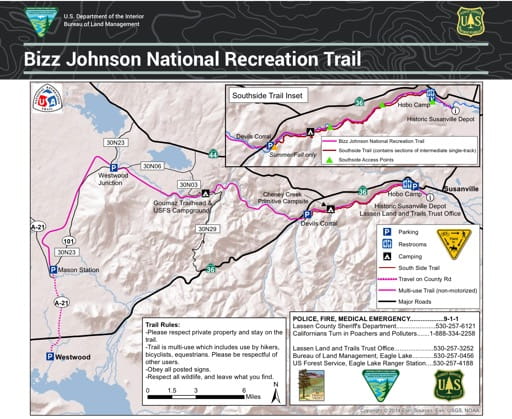 Map of Bizz Johnson National Recreation Trail (NRT) in California. Published by the Bureau of Land Management (BLM).
