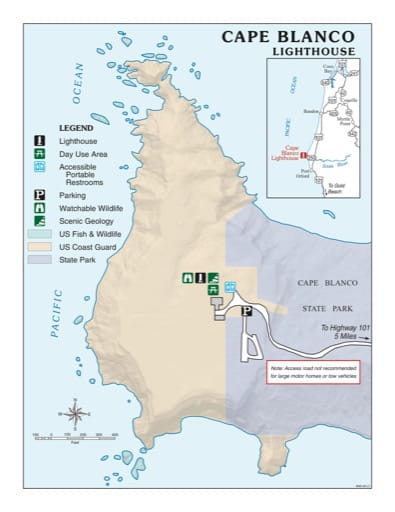 Visitor Map of Cape Blanco Lighthouse in the BLM Coos Bay District area in Oregon. Published by the Bureau of Land Management (BLM).