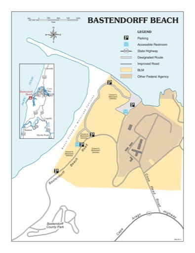 Recreation Map of the Bastendorff Beach in the BLM Coos Bay District area in Oregon. Published by the Bureau of Land Management (BLM).
