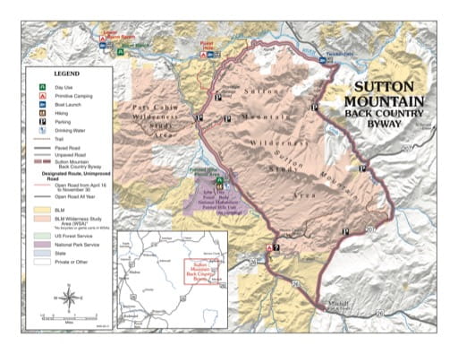 Map of the Sutton Mountain Back Country Byway near Sutton Mountain Wilderness Study Area (WSA), Pats Cabin Wilderness Study Area (WSA) and John Day Fossil Beds National Monument (NM) in Oregon. Published by the Bureau of Land Management (BLM).