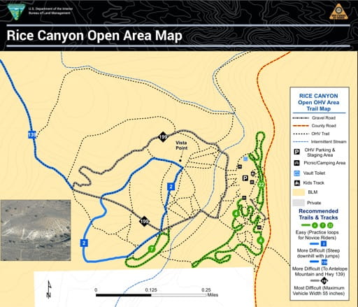 Trails Map of Rice Canyon Off-Highway Vehicle Area (OHV) in California. Published by the Bureau of Land Management (BLM).