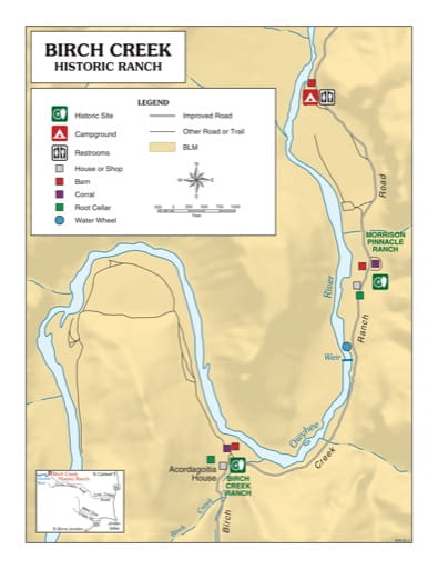 Visitor Map of Birch Creek Historic Ranch in Oregon. Published by the Bureau of Land Management (BLM).