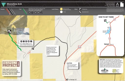 Recreation Map of Moonshine Arch Trail in the BLM Vernal Field Office area in Utah. Published by the Bureau of Land Management (BLM).