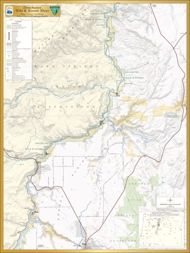 Map 3: Lower Deschutes, shows the section from Pelton Dam to Whitehorse Rapids of Deschutes Wild & Scenic River (WSR) in Oregon. Published by the Bureau of Land Management (BLM).