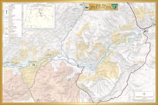 Map 1 showing the section from Service Creek to Bridge Creek of the John Day Wild & Scenic River (WSR) in Oregon. Published by the Bureau of Land Management (BLM).