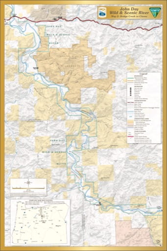 Map 2 showing the section from Bridge Creek to Clarno of the John Day Wild & Scenic River (WSR) in Oregon. Published by the Bureau of Land Management (BLM).