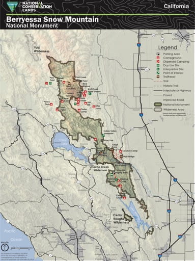 Visitor Map of Berryessa Snow Mountain National Monument (NM) in California. Published by the Bureau of Land Management (BLM).