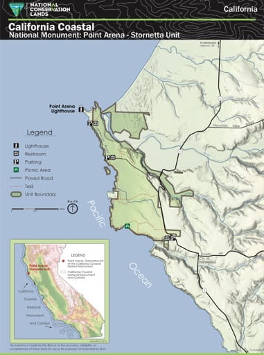 Visitor Map of the Point Arena - Stornetta Unit area in the California Coastal National Monument (NM) in California. Published by the Bureau of Land Management (BLM).