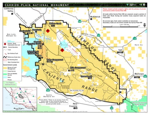 Visitor Map of Carrizo Plain National Monument (NM) in California. Published by the Bureau of Land Management (BLM).