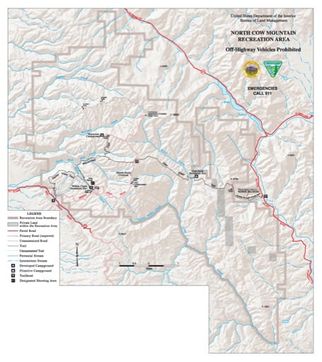 Trails Map of the northern part of Cow Mountain Recreation Management Area (RMA) in California. Published by the Bureau of Land Management (BLM).