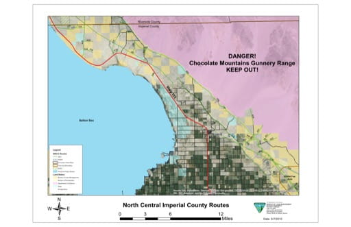 Map of Routes of Travel for North Central Imperial County in El Centro Field Office area. Published by the Bureau of Land Management (BLM).