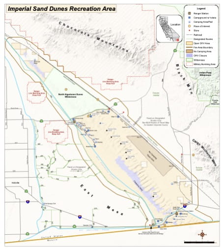 Map of Routes of Travel for Imperial Sand Dunes Recreation Area (RA) in El Centro Field Office area. Published by the Bureau of Land Management (BLM).
