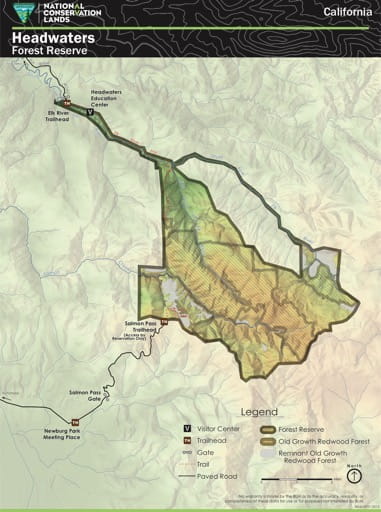 Visitor Map of Headwaters Forest Reserve in California. Published by the Bureau of Land Management (BLM).