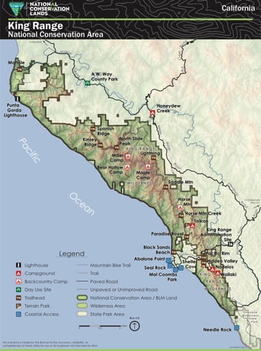 Visitor Map of King Range National Conservation Area (NCA) in California. Published by the Bureau of Land Management (BLM).