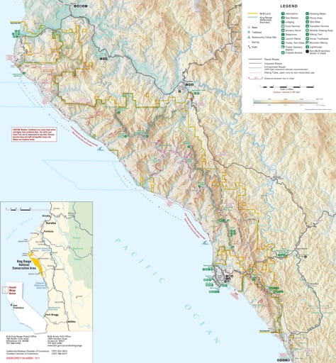 Trails Map of King Range National Conservation Area (NCA) in California. Published by the Bureau of Land Management (BLM).