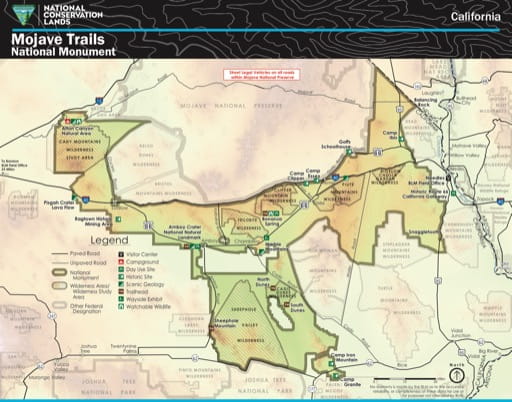 Visitor Map of Mojave Trails National Monument (NM) in California. Published by the Bureau of Land Management (BLM).