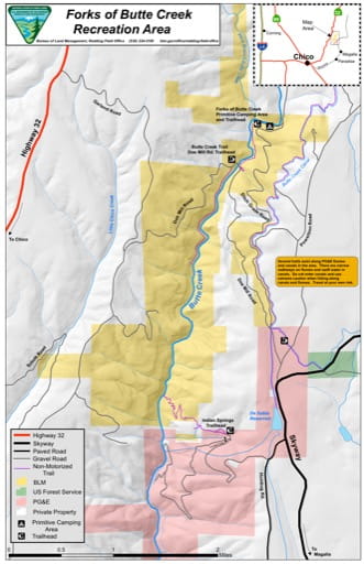 Recreation Map of Forks of Butte Creek Recreation Area (RA) in California. Published by the Bureau of Land Management (BLM).