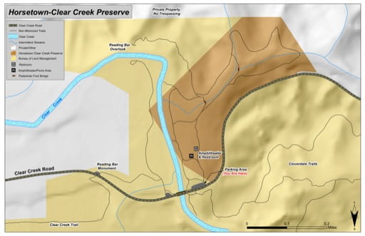 Recreation Map of Horsetown-Clear Creek Preserve in California. Published by the Bureau of Land Management (BLM).