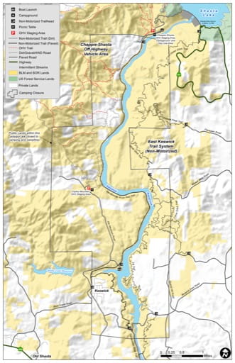 Map of the East Keswick Trail System (on-Motorized) south of Shasta Lake in California. Published by the Bureau of Land Management (BLM).