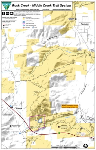 Map of the Rock Creek - Middle Creek Trail System south of Keswick in California. Published by the Bureau of Land Management (BLM).