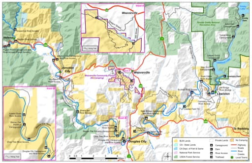 Recreation Map of the Trinity River area near Redding in California. Published by the Bureau of Land Management (BLM).