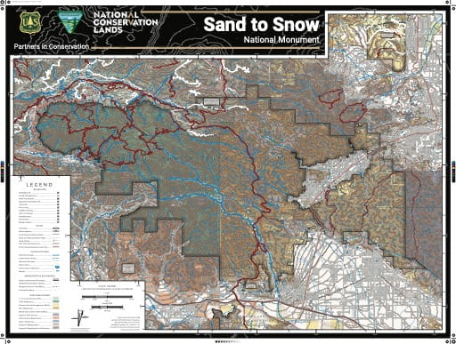 Visitor Map of Sand to Snow National Monument (NM) in California. Published by the U.S. Forest Service (USFS) and the Bureau of Land Management (BLM).