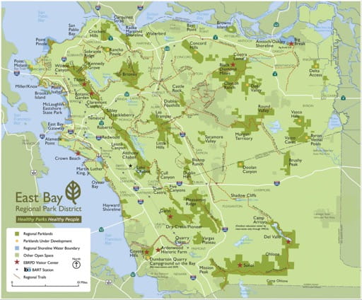 Overview Map of the East Bay Regional Park District in California. Published by the East Bay Regional Park District.