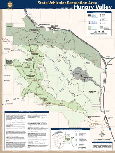 Trail Map of Hungry Valley State Vehicular Recreation Area (SVRA) near Gorman in California. Published by the California Department of Parks and Recreation.