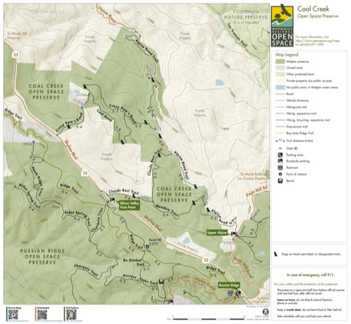 Trail Map of Coal Creek Open Space Preserve (OSP) in California. Published by the Midpeninsula Regional Open Space District.