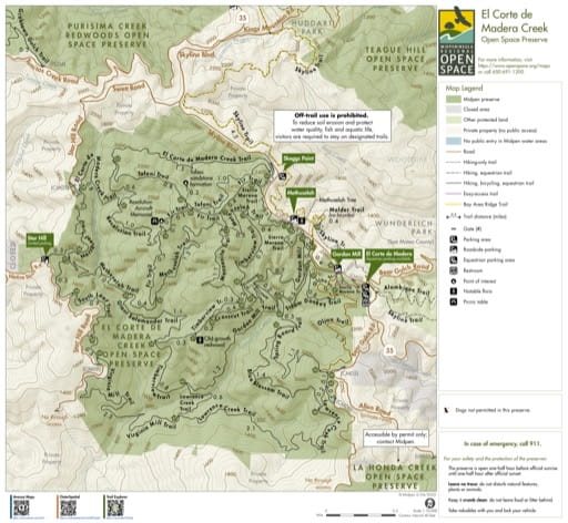 Trail Map of El Corte de Madera Creek Open Space Preserve (OSP) in California. Published by the Midpeninsula Regional Open Space District.