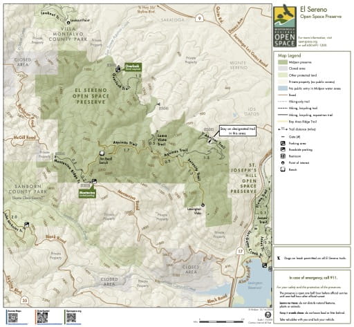 Trail Map of El Sereno Open Space Preserve (OSP) in California. Published by the Midpeninsula Regional Open Space District.
