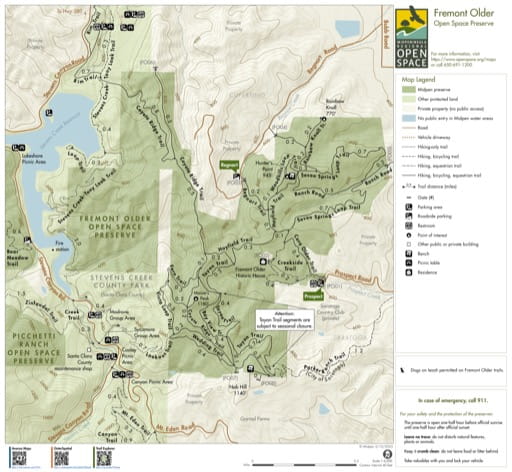 Trail Map of Fremont Older Open Space Preserve (OSP) in California. Published by the Midpeninsula Regional Open Space District.