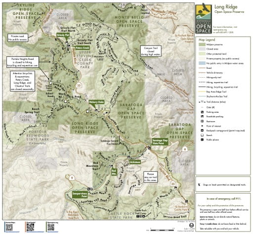 Trail Map of Long Ridge Open Space Preserve (OSP) in California. Published by the Midpeninsula Regional Open Space District.